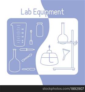 Vector science illustration with flasks, equipment stand, burner, tools. Laboratory equipment. Education elements. Chemistry, biology, medicine.