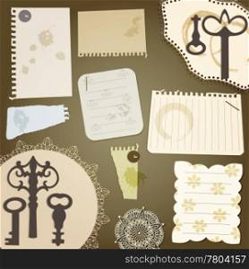 vector scrapbook design elements: vintage key, torn pices of paper, splashes of coffee, napkins