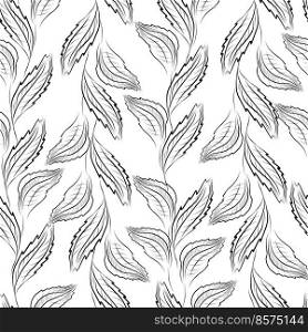Vector Seam≤ss Contour Floral Pattern. Hand Drawn Monochrome Floral Texture, Decorative Leaves, Coloring Book. Black contour≤aves seam≤ss pattern on white background. Vector illustration.