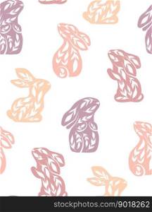 Vector seam≤ss pattern with decorated rabbits in various poses. Texture with folk art hares in pastel colors on white background. Backdrop with ornamental animals for fabric and wallpaper. Vector seam≤ss pattern with decorated rabbits in various poses. Texture with folk art hares in pastel colors on white background.