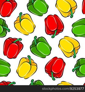 Vector seam≤ss pattern with sweet Bulgarian pepper ve≥tab≤, cartoon isolated background wallpaper, dood≤outli≠food drawing. Colorful wallpaper texti≤pr∫. Fresh organic hea<hy farm plant.