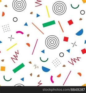 vector seamless 80s or 90s pattern, memphis hipster style with chaotic geometric shapes, retro design with graphic elements. colorful seamless background