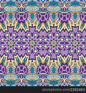 Vector seamless abstract doodledrawn style pattern. Background ornament colorful arabesque.. Vector seamless pattern ethnic tribal floral psychedelic colorful fabric print