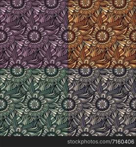 Vector seamless abstract flowers patterns set. Endless background in 4 different colors. Vector seamless abstract flowers patterns set.