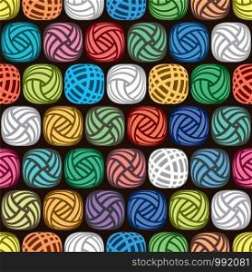vector seamless abstract pattern of colorful yarn balls on black background, illustration of wool knitting hobby