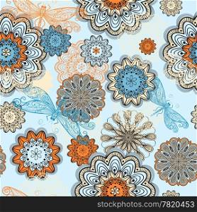 vector seamless abstract pattern with doodle flowers and flying dragonflies, clipping mask, elements can be used separately