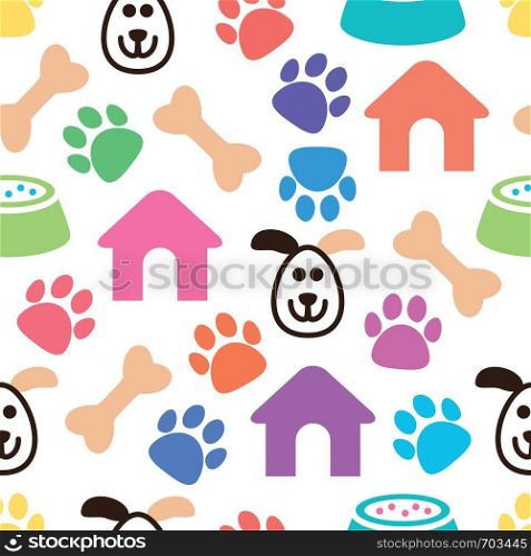 vector seamless and colorful pet pattern with bones, dog's house and bowls with animal food, dog's foot prints and funny head