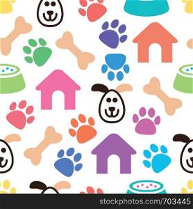 vector seamless and colorful pet pattern with bones, dog's house and bowls with animal food, dog's foot prints and funny head