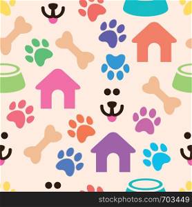 vector seamless and colorful pet pattern with bones, dog's house and bowls with animal food, dog's foot prints and funny head symbol