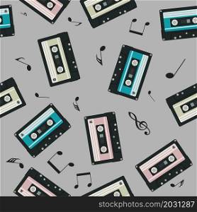 vector seamless audio cassettes background. retro equipment for audio music recorder. vintage seamless pattern with music cassette tapes and musical symbols