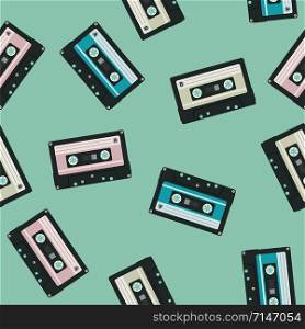vector seamless audio cassettes background. retro equipment for audio music recorder. vintage seamless pattern with music cassette tapes