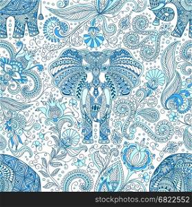 vector seamless background, hand-drawn blue tattoo doodle pattern with decorated Indian Elephant