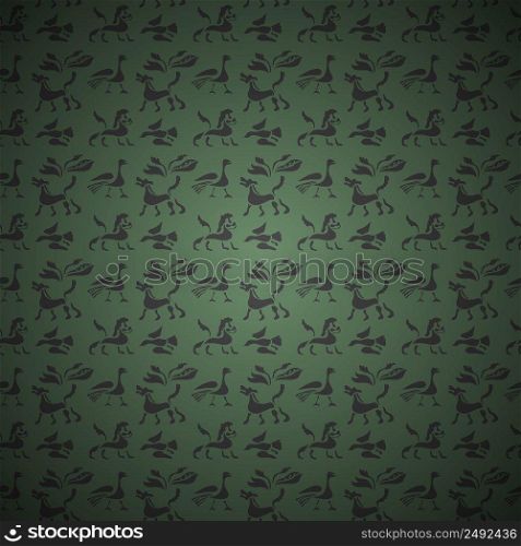 Vector Seamless  background of ancient animals and birds on green. EPS10 opacity