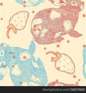vector seamless background of rabbits and strawberries