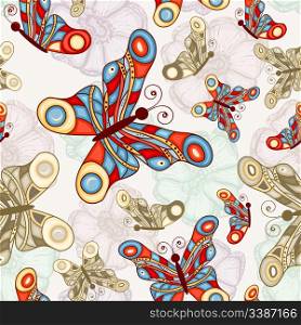 vector seamless background with abstract flowers and butterflies, clipping masks