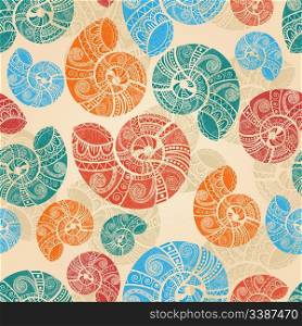 vector seamless background with bright snail shells with ethnic patterns, clipping mask