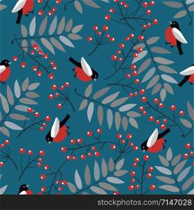 vector seamless background with bullfinch birds, red berries and leaves of mountain ash tree. nature wallpaper pattern for paper.wrapping and textile fabric. seamless repetition background