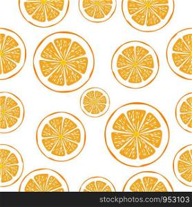 Vector seamless background with orange slices on white.