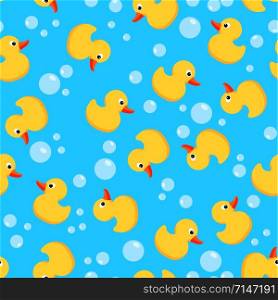 vector seamless background with yellow rubber duck toy and bath soap bubbles. seamless pattern with cute duck cartoon illustration