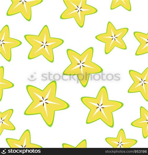 Vector seamless background with yellow star apple (corambora) slices on white.