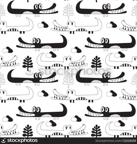 Vector Seamless Black and White Crocodiles Pattern. Savannah landscape