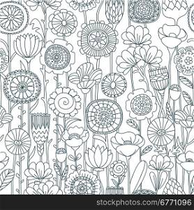 vector seamless black and white floral pattern. vector seamless black and white background of wildflowers doodles