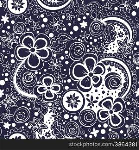 vector seamless black and white pattern of spirals, swirls, doodles