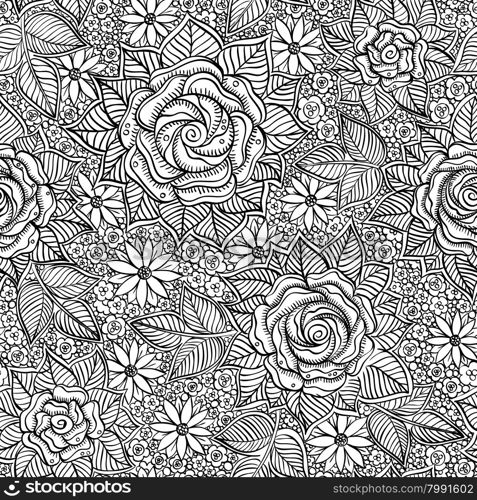 vector seamless black and white pattern of spirals, swirls, doodles