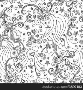 vector seamless black and white star pattern of spirals, swirls, doodles