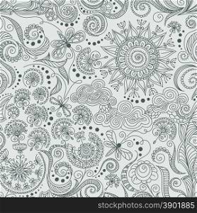 vector seamless black, red and white hand-drawn pattern of spirals, swirls, doodles