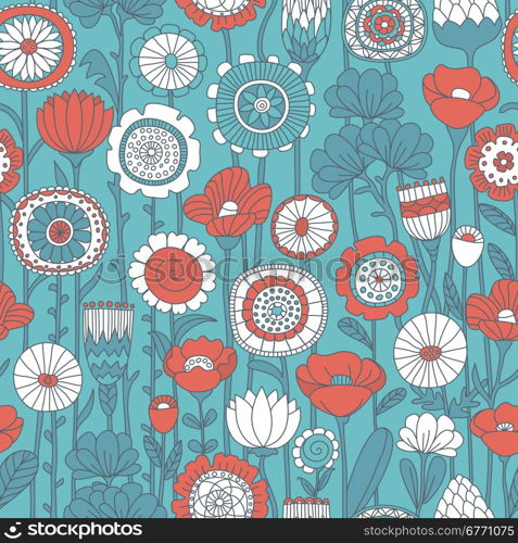 vector seamless blue, red and white background of wildflowers doodles