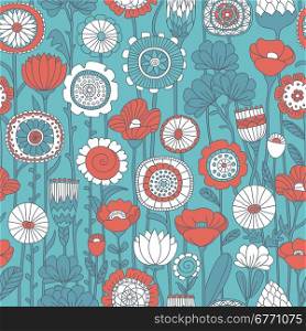vector seamless blue, red and white background of wildflowers doodles