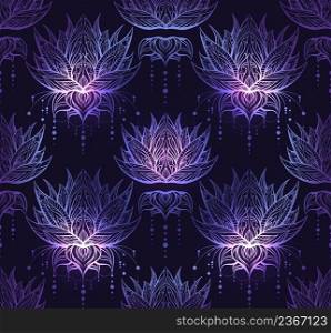 Vector seamless boho pattern with lotus with ornate decorations on dark violet background. Neon fabric swatch with water flower and tribal ornament. Wallpaper with sacred natural symbol. Vector seamless boho pattern with lotus with ornate decorations on dark violet background. Neon fabric swatch with water flower and tribal ornament.