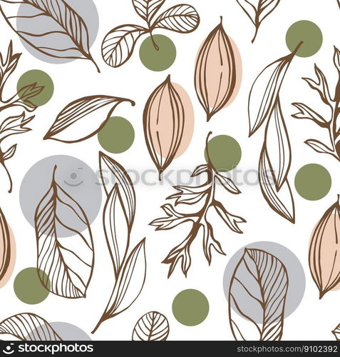 Vector  seamless botanical pattern with sketch twigs and leaves. . Vector  botanical pattern. 