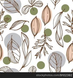 Vector  seamless botanical pattern with sketch twigs and leaves. . Vector  botanical pattern. 