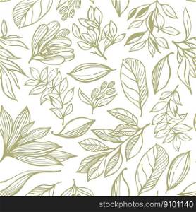 Vector  seamless botanical pattern with sketch twigs, leaves. . Vector  botanical pattern. 