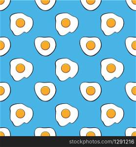 vector seamless breakfast pattern with fried eggs on blue background. colorful wallpaper design with cooked egg symbols, flat style