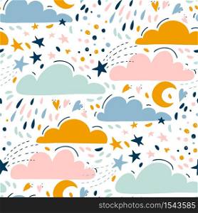 Vector seamless bright pattern for kids with cute clouds, stars, moon