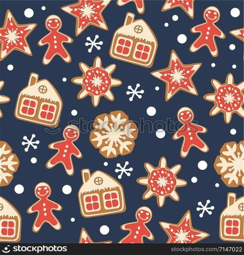 vector seamless christmas background with gingerbread cookies. seamless winter pattern for happy new year and merry christmas illustrations. gingerbread man, star, snowflake and house symbols