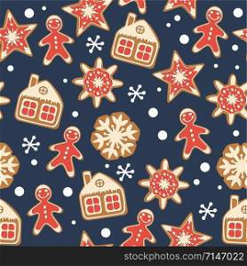 vector seamless christmas background with gingerbread cookies. seamless winter pattern for happy new year and merry christmas illustrations. gingerbread man, star, snowflake and house symbols