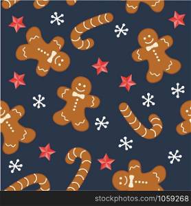 vector seamless christmas background with gingerbread cookies, stars and snowflakes. seamless winter pattern for happy new year and merry christmas illustrations. gingerbread man and stick