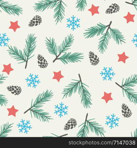 vector seamless christmas background with pine cones, snowflakes, pine tree sprigs and red stars. winter seamless pattern for happy new year and merry christmas illustrations