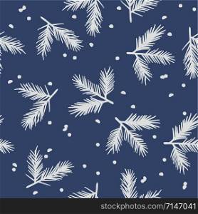 vector seamless christmas background with snowflakes and pine tree sprigs isolated on blue background. winter seamless pattern for happy new year and merry christmas illustrations