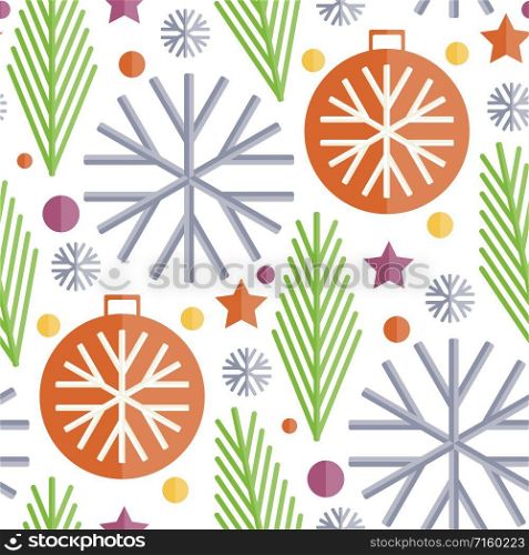 Vector Seamless Christmas Flat Pattern with Fir Tree, Ball, Snowflakes and Stars.