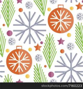 Vector Seamless Christmas Flat Pattern with Fir Tree, Ball, Snowflakes and Stars.