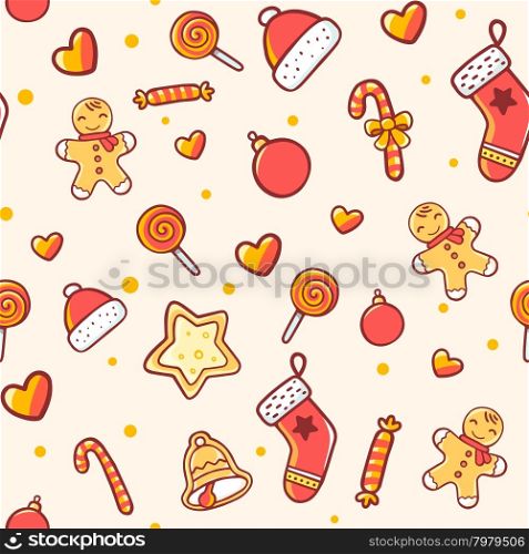 Vector seamless christmas pattern on light background. Bright color. Hand draw line art design for web, site, advertising, banner, poster, board, postcard, print and greeting card.