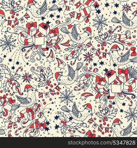 vector seamless Christmas pattern with birds, gifts and Christmas decorations