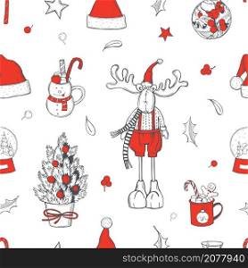 Vector seamless Christmas pattern with hand drawn elements. . Christmas vector pattern.