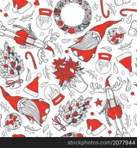 Vector seamless Christmas pattern with hand drawn elements. . Christmas vector pattern.