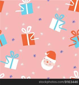 Vector seamless Christmas pattern with present boxes and Santa elves